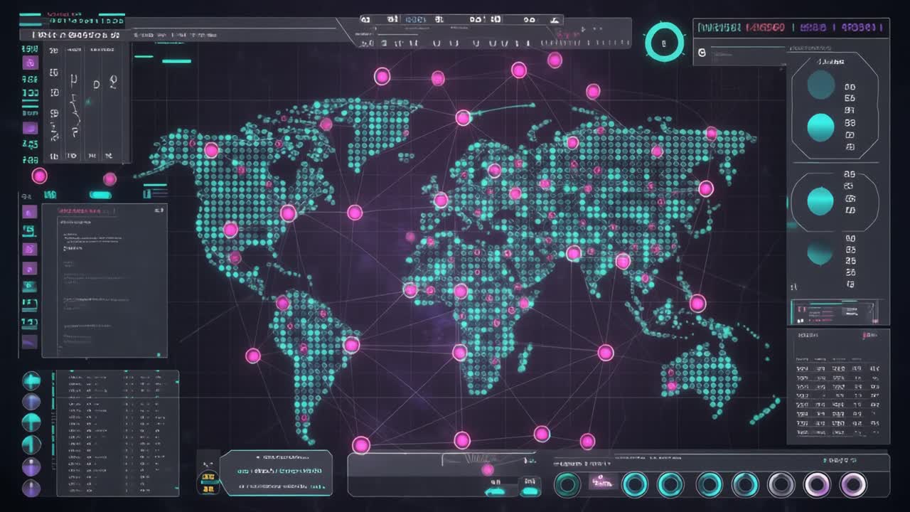 Digital World Map with Global Network Connections and Data Visualization