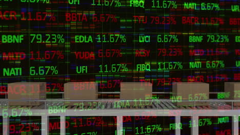 animation of financial data processing over conveyor belt with boxes