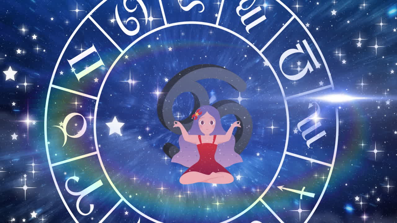 animación de la rueda del signo de la estrella giratoria con el signo del cáncer y las estrellas