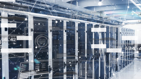 animation of interfaces with data processing and network of connections against computer server room