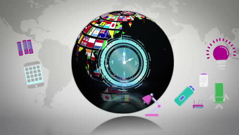 animación de reloj de neón y iconos digitales sobre el globo y el mapa del mundo contra un fondo gris