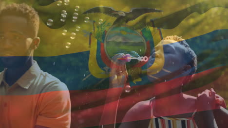 blowing bubbles with ecuador flag animation, people in outdoor gathering