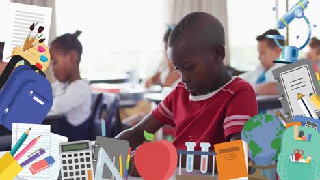 animation of school icons over schoolchildren in class