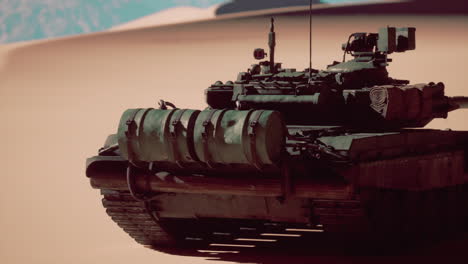 un primer plano de un tanque militar en el desierto