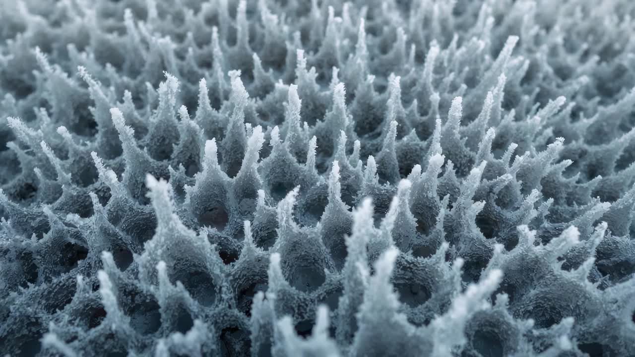 Shifting camera on frame shift, revealing honeycomb lattice at macro closeup, showing spire tips