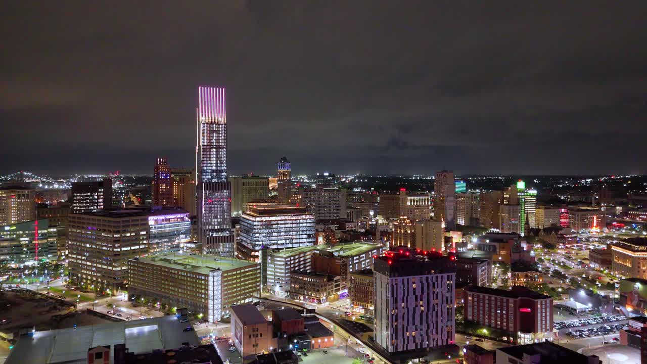 Detroit City Skyline at Night With Illuminated Skyscrapers and Urban Lighting