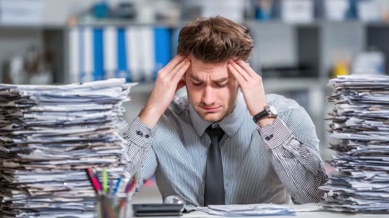 A stressed professional grapples with overwhelming paperwork and mounting pressure in a cluttered office environment, highlighting the challenges of modern work life