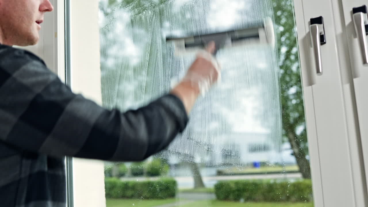 Handsome man professional cleaner washes windows in the house. Man from cleaning company washes plastic windows in the house. Professional cleaning in the house. Cleaning service