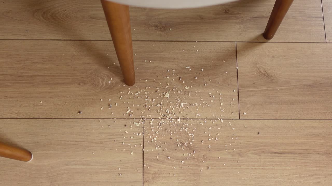 Crumbs and debris on a wooden floor