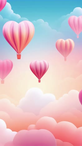 aerial view of heart-shaped hot air balloons floating among pastel clouds, creating a dreamy