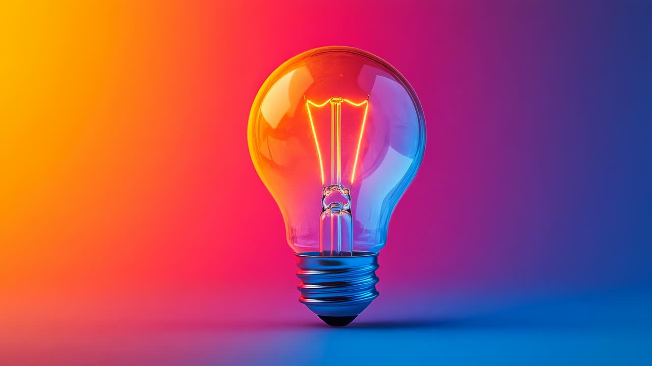 Bright bulb shines in vibrant colors. A glowing light bulb emits vivid colors against a colorful gradient background, creating a striking visual display