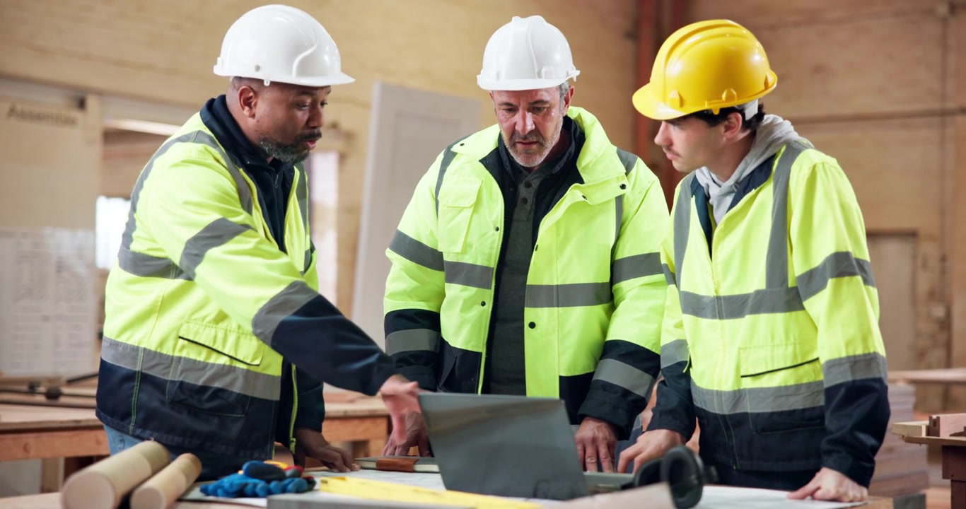 Construction Workers Reviewing Blueprints on Laptop in Workshop