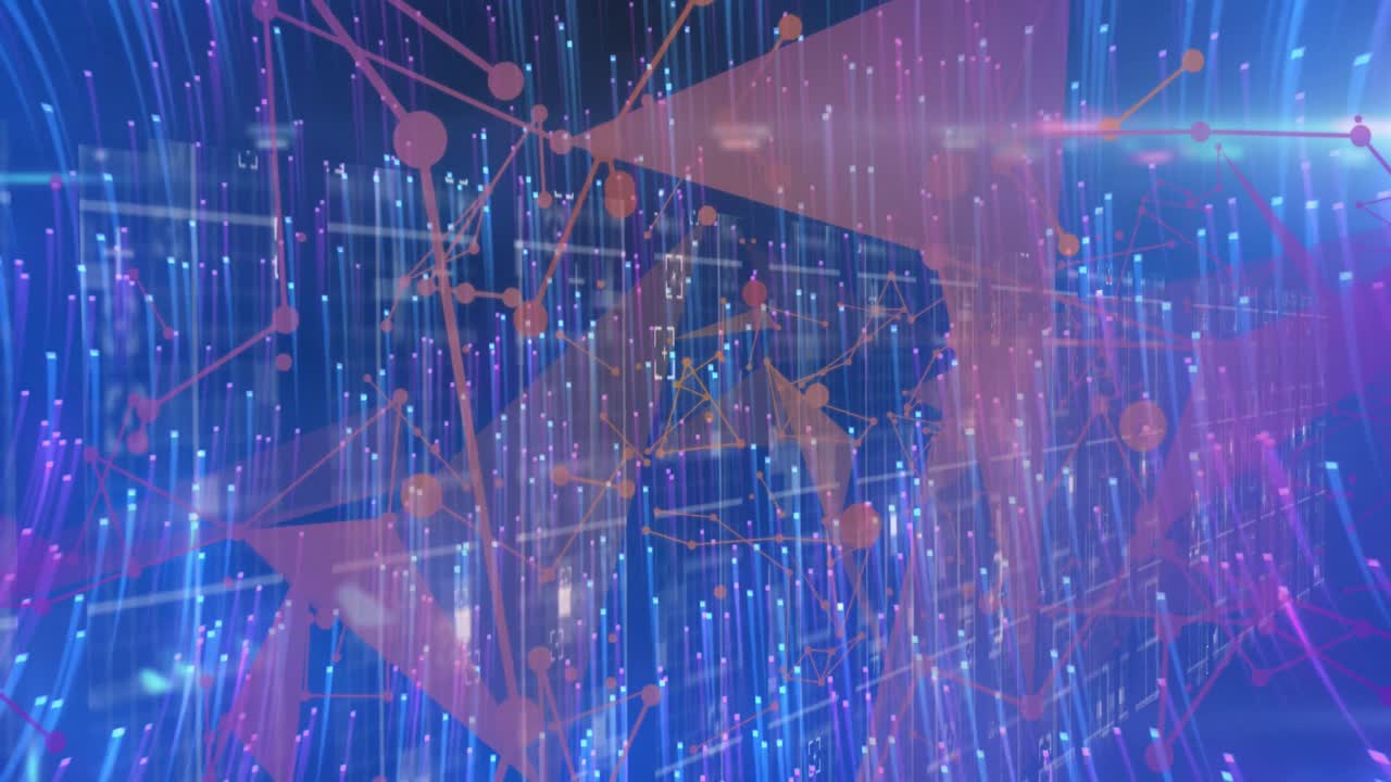 검은색 바탕에 데이터 처리를 가진 연결 네트워크를 통해 빛의 흔적을 애니메이션