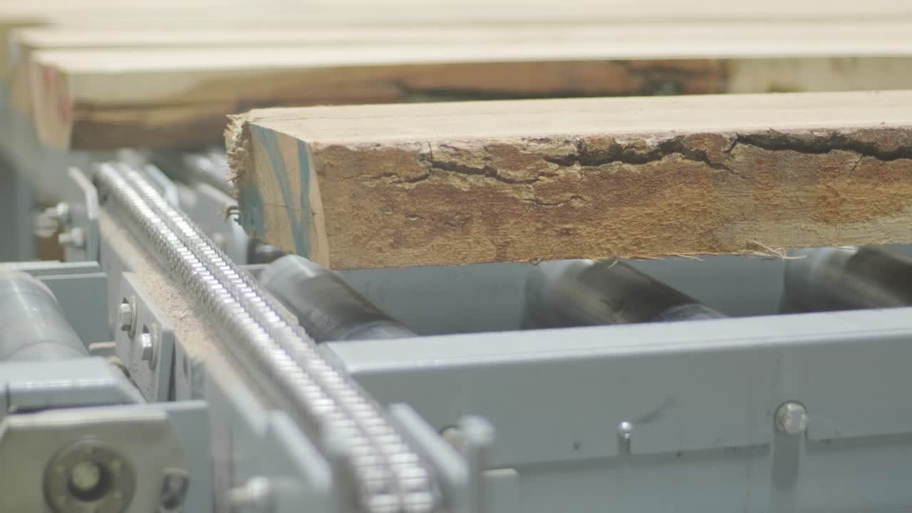 Wooden Planks Moving on an Industrial Conveyor Belt