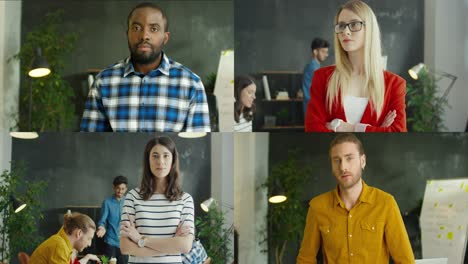 multiscreen on different male and female office workers smiling to camera indoors