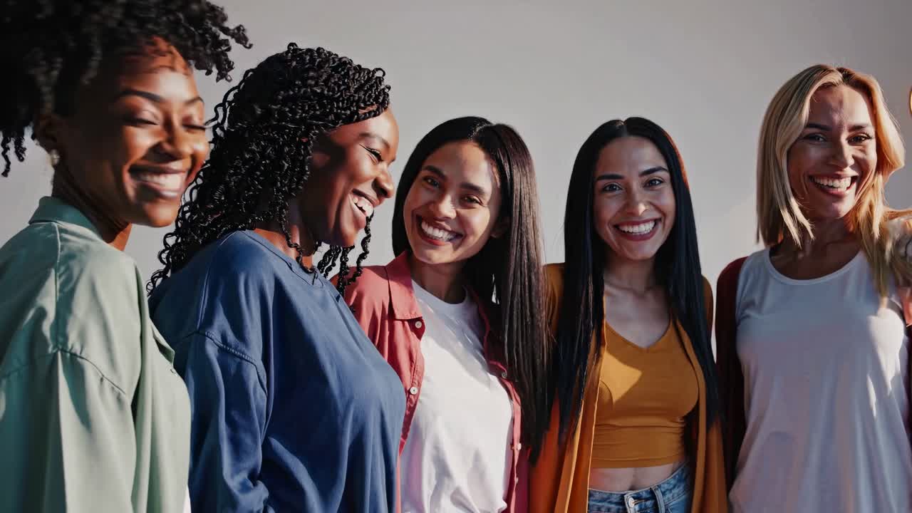 Un gruppo eterogeneo di donne sorridenti, riprese con un'angolazione ravvicinata media