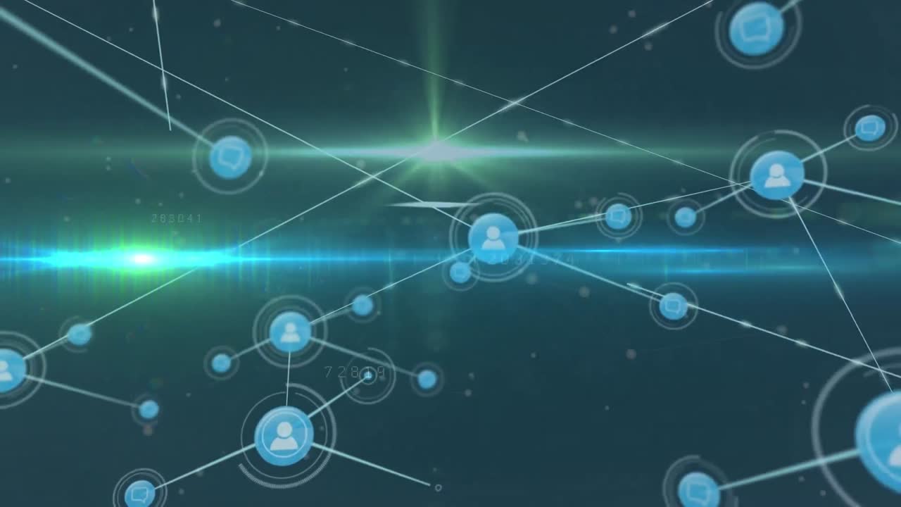 디지털 아이콘 네트워크의 애니메이션과 파란색 배경에 반이는 빛의 흔적과 빛의 점