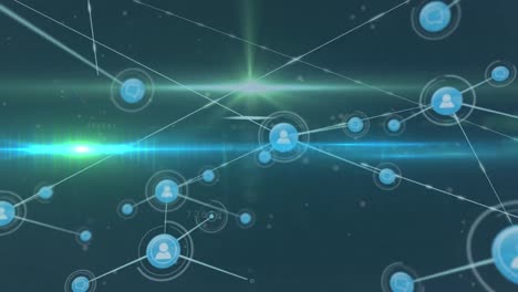 animation of network of digital icons and glowing light trails and light spot on blue background