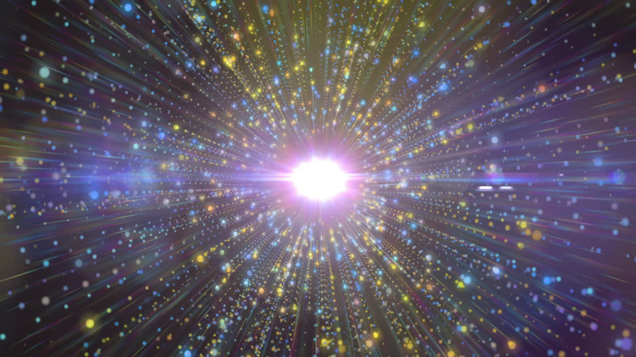 Animation of bright light burst with colorful particles radiating dynamically