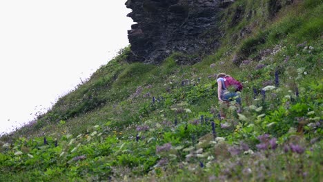 a young girl hikes in the mountains, in-between flowery fields, swiss alps, obwalden