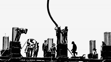 Silhouette-stylized-concept-of-construction-workers-on-scaffolding-working-on-industrial-construction-site-directing-cement-pouring-into-casting-mold