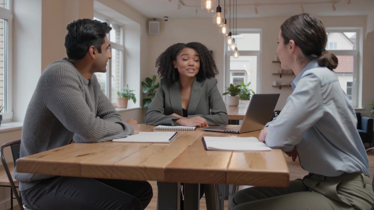Leaning forward woman in blazer talking, explaining idea at meeting with laptop, colleagues smiling
