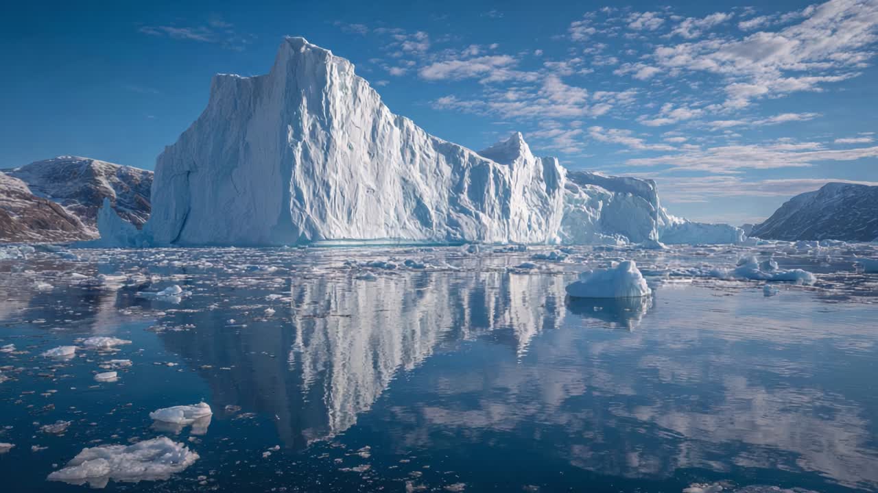 Stunning Reflection of a Massive Iceberg in a Calm Blue Sea Under a Clear Sky Captured in Two Frames Showcasing Nature's Incredible Beauty