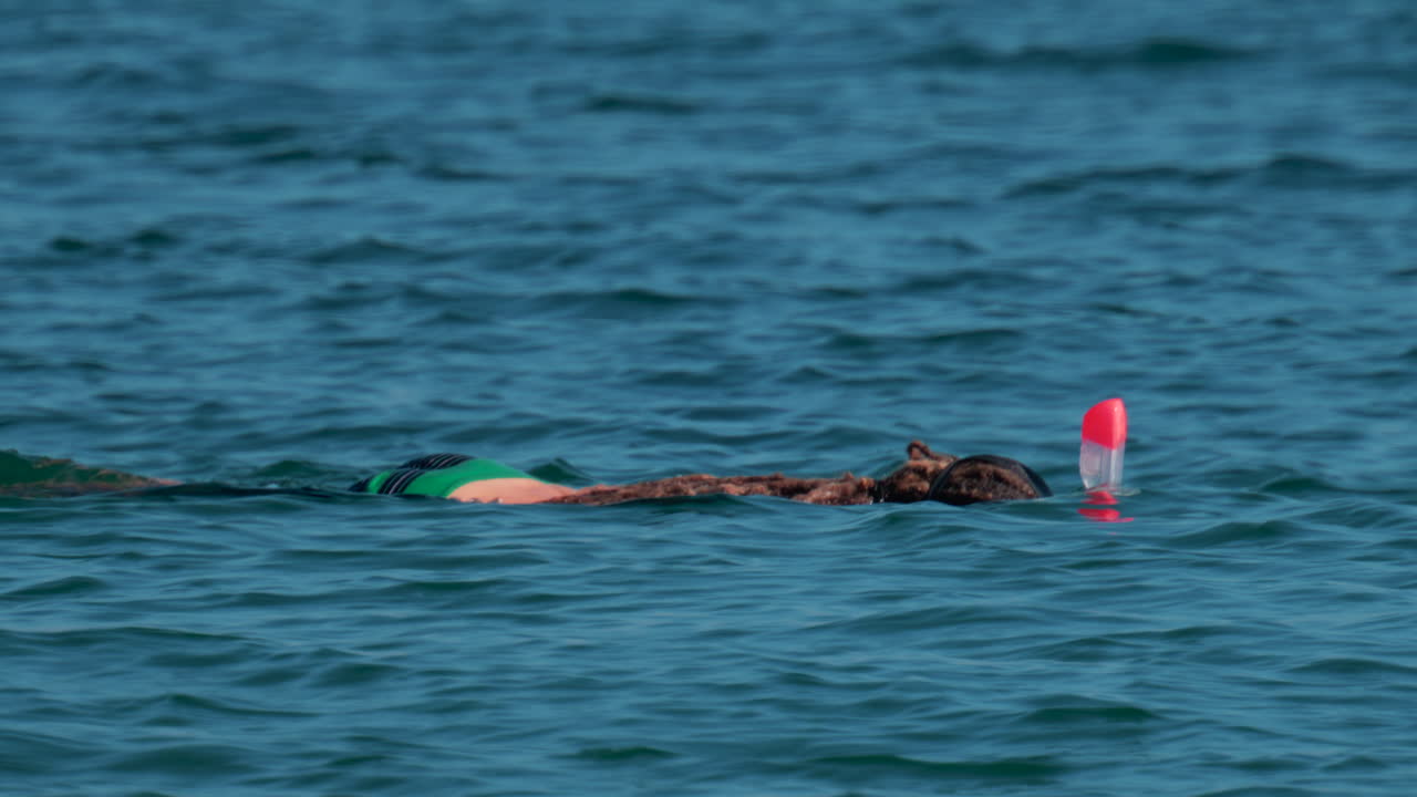 A woman with dreadlocks and a snorkel mask swims gently on the surface of the water