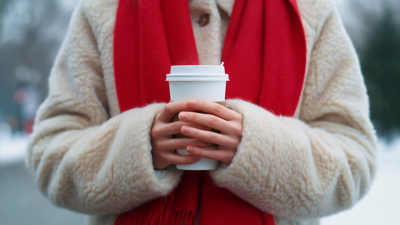 Donna con sciarpa rossa che tiene in mano una tazza di caffè caldo in inverno