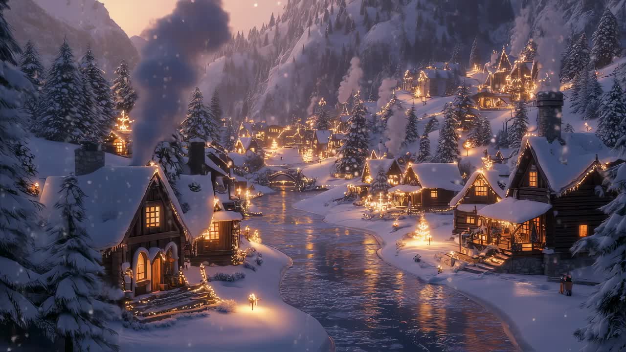 Gentle snowfall envelops a charming mountain village, adorned with festive christmas lights, creating a warm and inviting winter wonderland scene