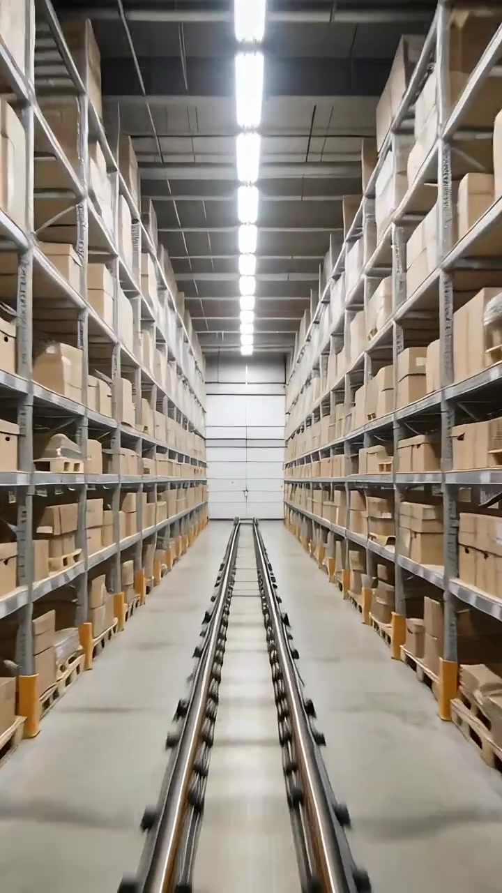Video verticale: Carrello della telecamera che scorre lungo il corridoio di un magazzino, allineando i binari alla porta di carico.