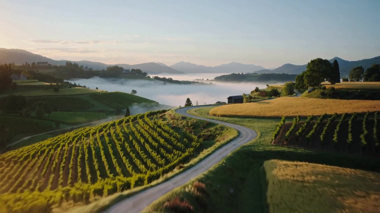 Drone che decolla e plana, seguendo una strada sterrata all'ora d'oro, mostrando i filari di vigneti.