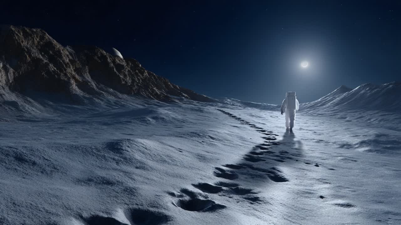 Ein Astronaut geht auf einer Mondoberfläche unter einem Sternenhimmel, Fußspuren führen in die Ferne zum strahlenden Mond und anderen Himmelskörpern.