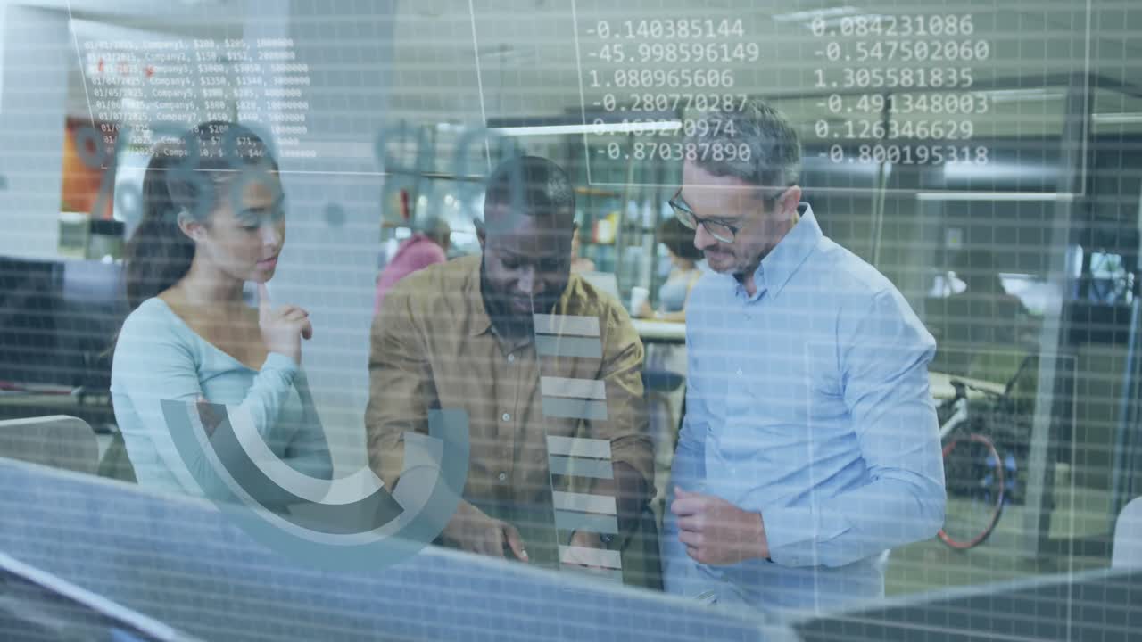 Animation of data processing over diverse business people working in office