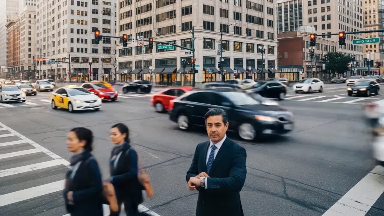 Busy Downtown City Street with Traffic and Pedestrians