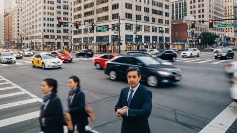 busy downtown city street with traffic and pedestrians