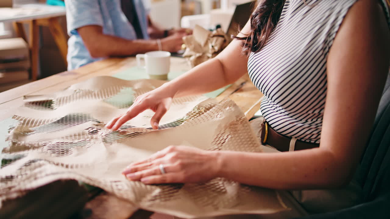 Woman's Hands Folding Honeycomb Packaging Paper on a Wooden Table