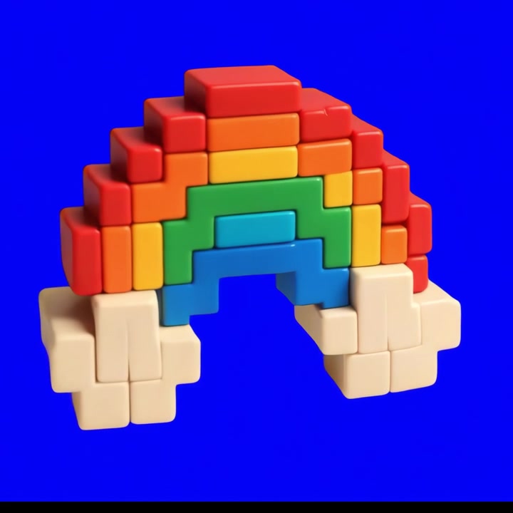 Arcobaleno in Pixel Art 3D con Nuvole che Ruota su Schermo Blu