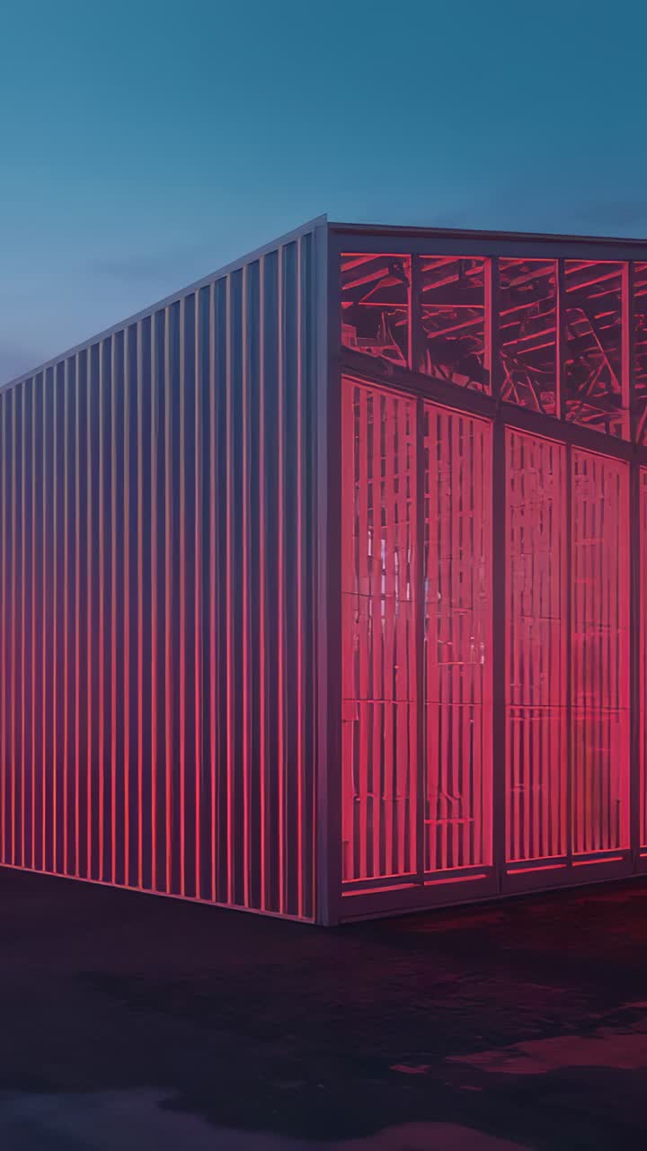 Vertical video: Recording camera filming metal box on paved lot at dusk, showing pink glass trusses