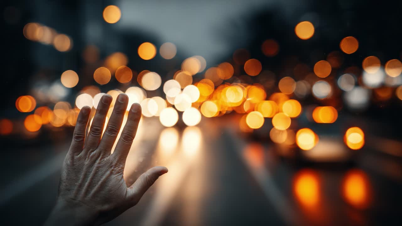 A Hand Reaches Out Amidst a Swirl of Blurred City Lights and Traffic, Capturing the Essence of Urban Life and Connection in a Dreamlike Scenario