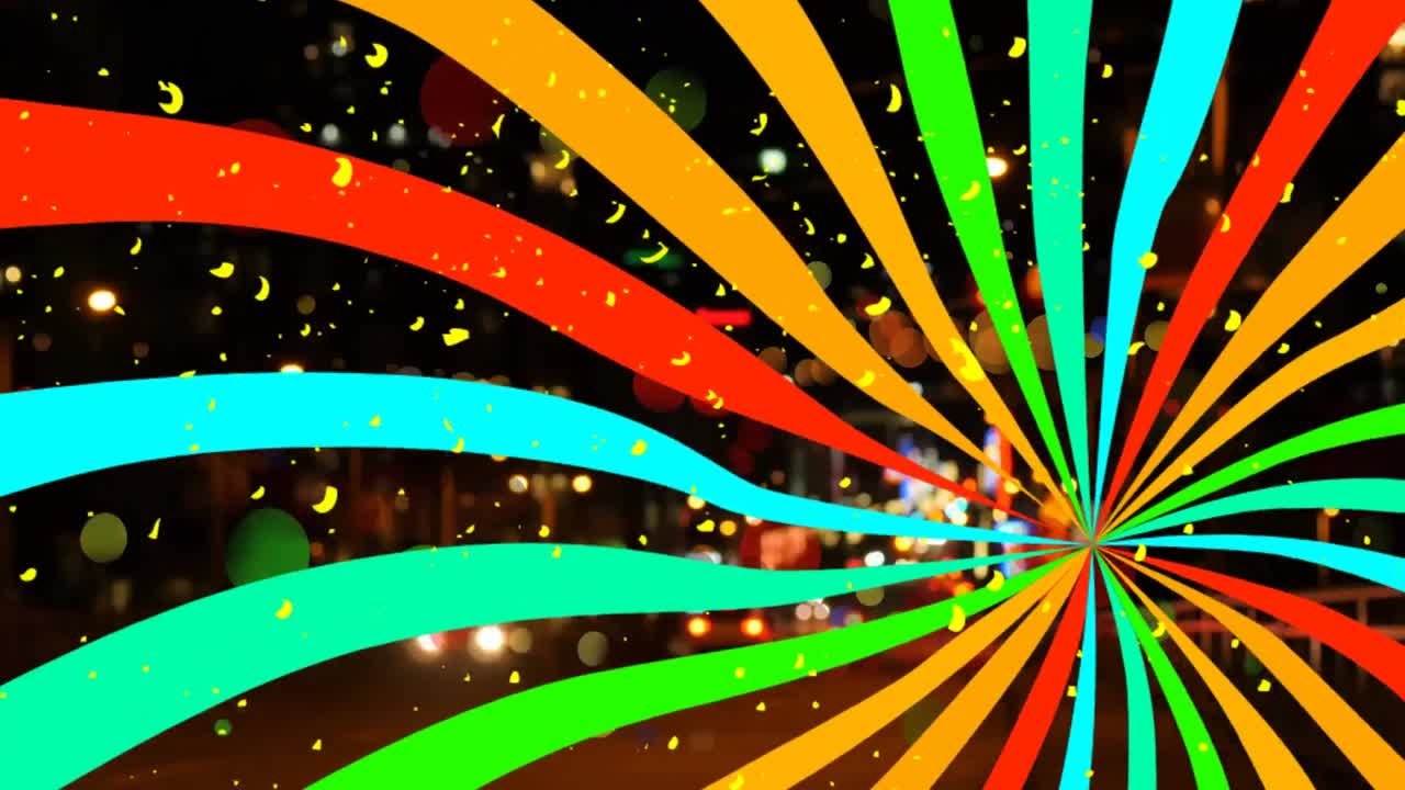 야간 도로 교통 위에 회전하는 다채로운 선과 점의 애니메이션