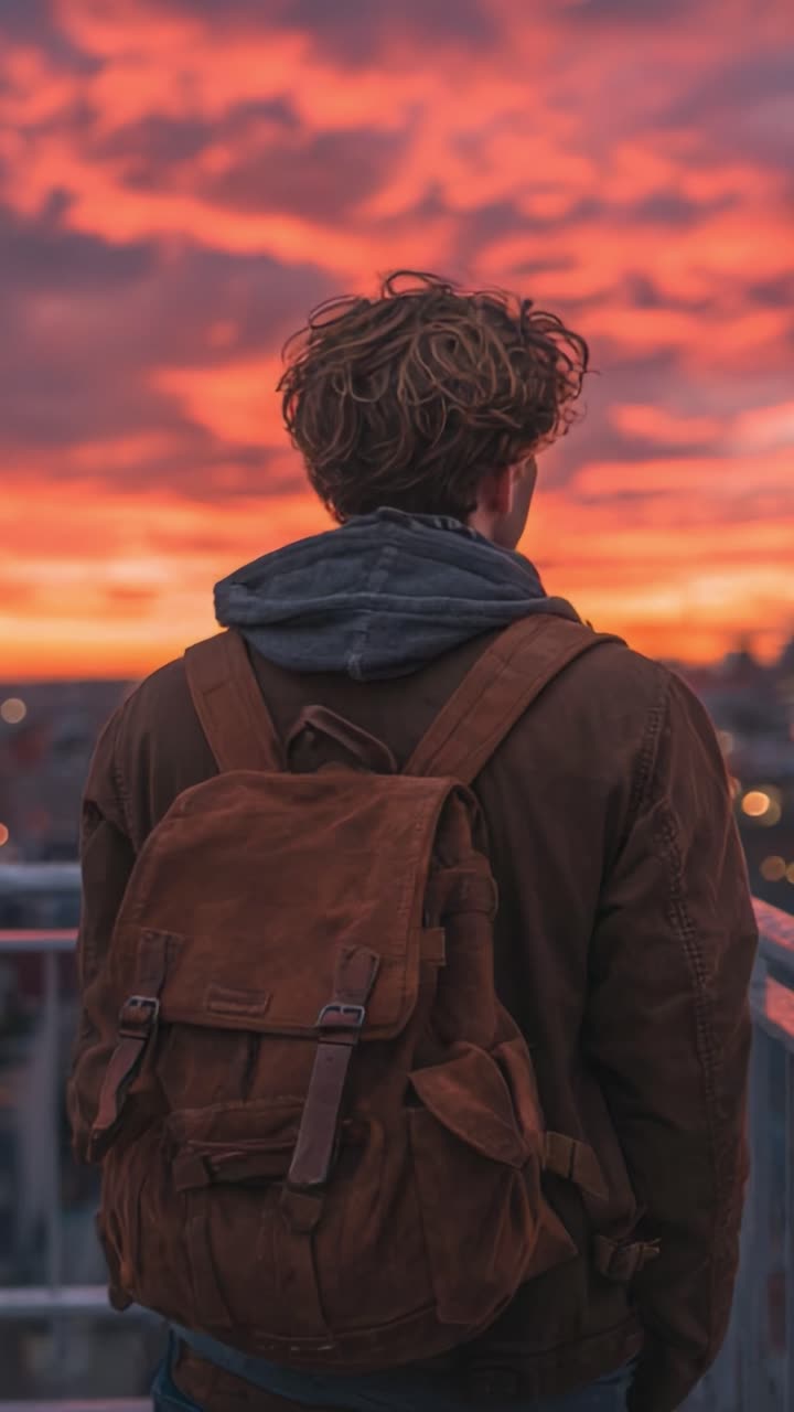 Una serata serena: figura contemplativa che ammira un tramonto mozzafiato sullo skyline di una città, catturando l'essenza dell'avventura e della riflessione