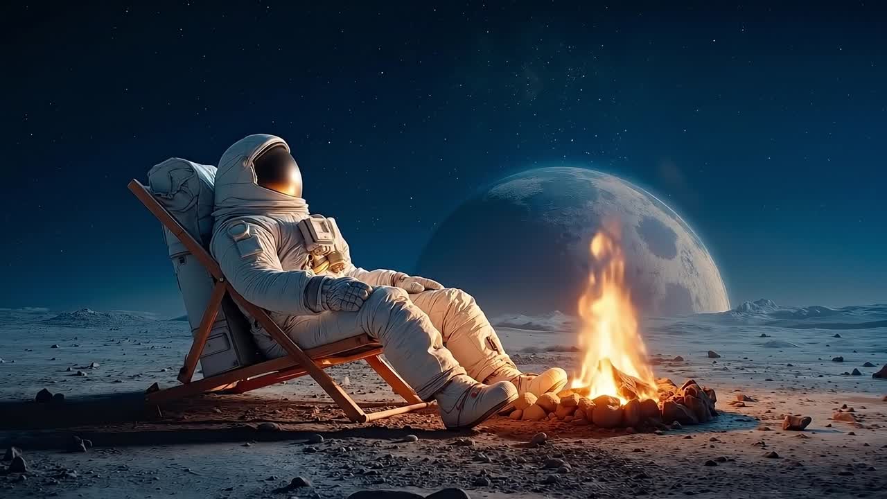 An astronaut sitting in a chair next to a fire on the moon