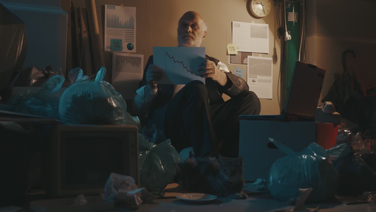 hombre de negocios sin hogar quebrado mostrando un gráfico financiero