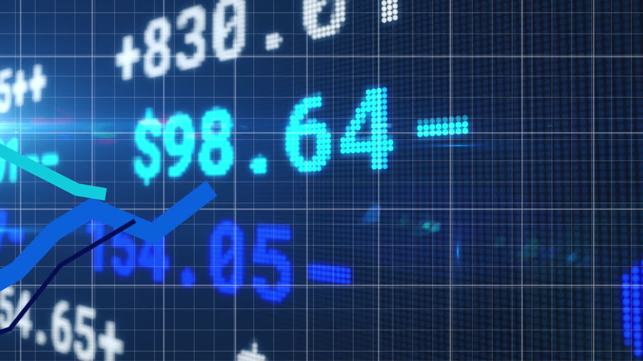 Animación de gráficos sobre un tablero de negociación frente a un destello de lente en un fondo abstracto.