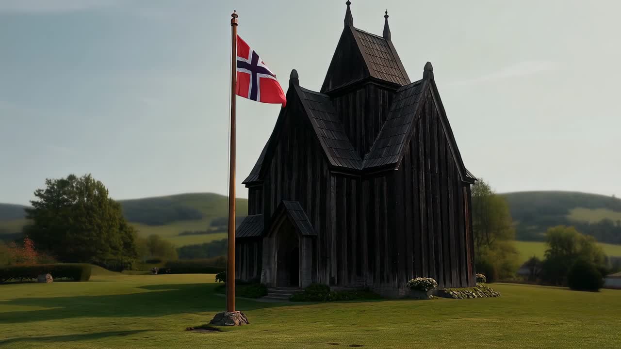 Flagrende norsk flagg på flaggstang som responderer på lett bris ved klippet plen, med stavkirke
