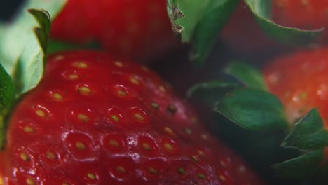 macro detailed video of a pile of strawberries, red strawberry, green fruit, tiny seeds, on a rotating stand, smooth movement