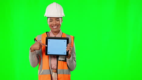 Architect-woman,-tablet-and-green-screen-studio