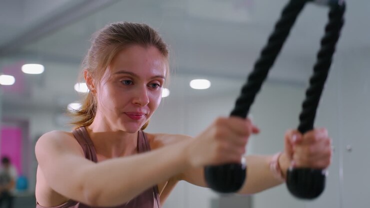 atleta femenina decidida realizando un ejercicio de entrenamiento de fuerza en el gimnasio, expresión enfocada mientras tira de peso, rodeada de equipos profesionales, luces de techo resaltan la sesión de entrenamiento intenso