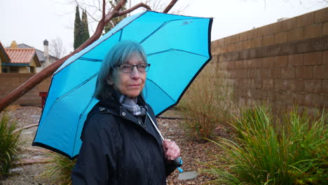 a beautiful old woman walking and enjoying her backyard garden with a blue umbrella in the rain during a winter storm